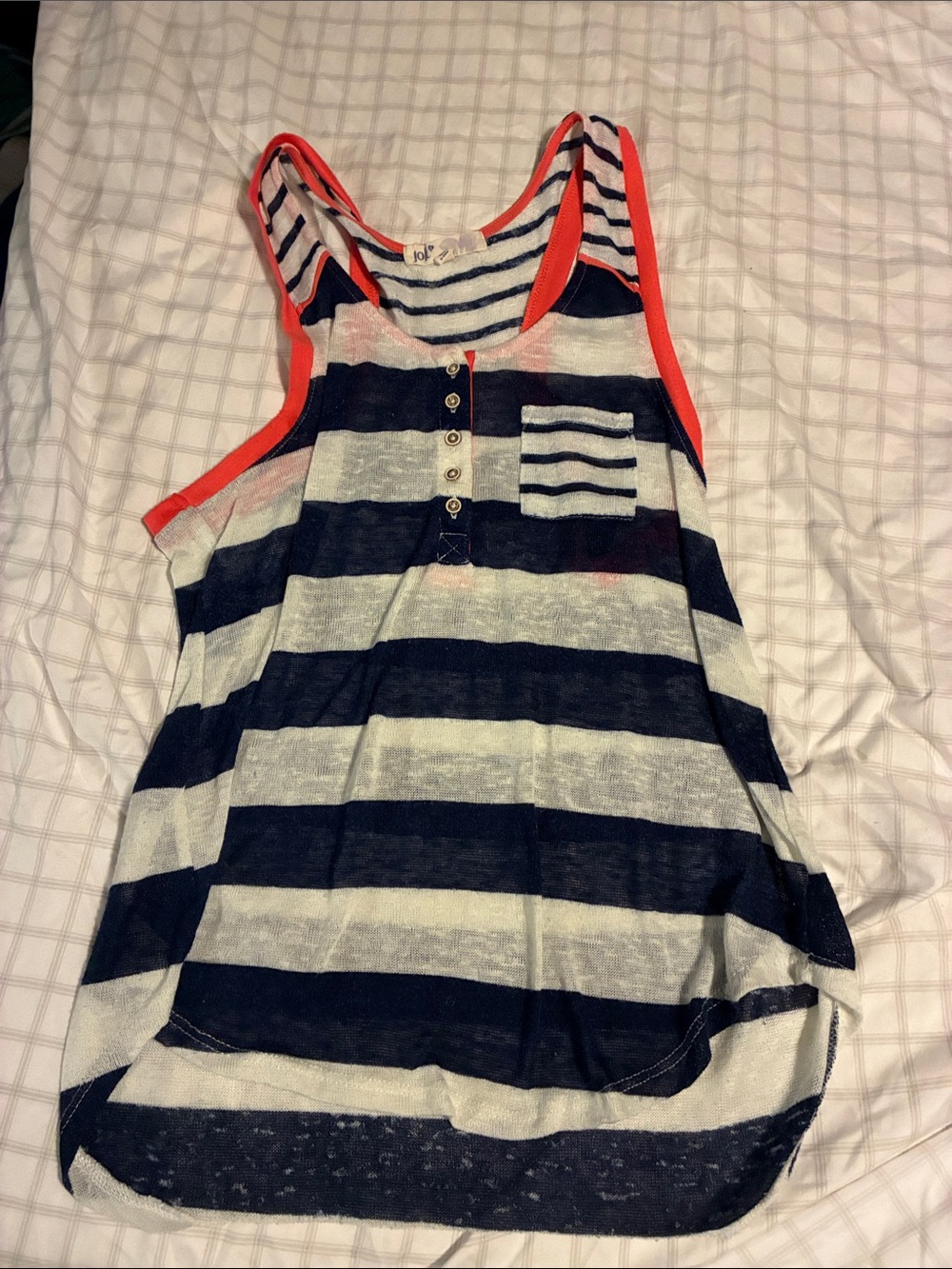 Girls Navy & White Striped Tank Top with Coral Trim